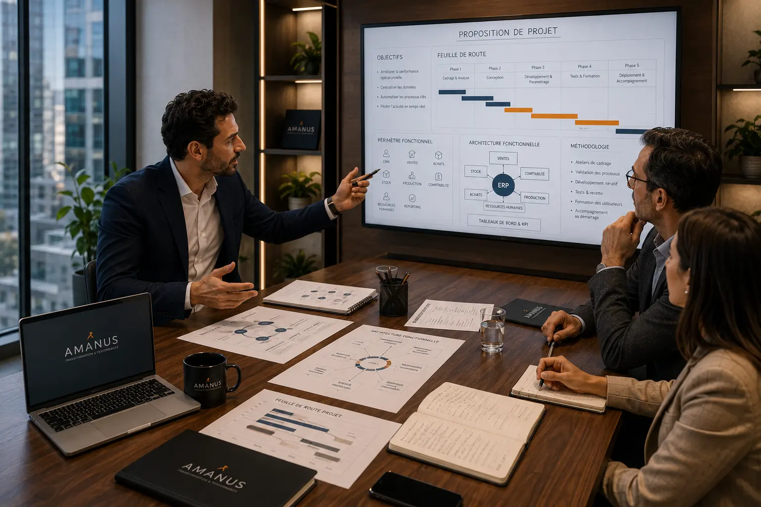 Consultants discutant d'architecture